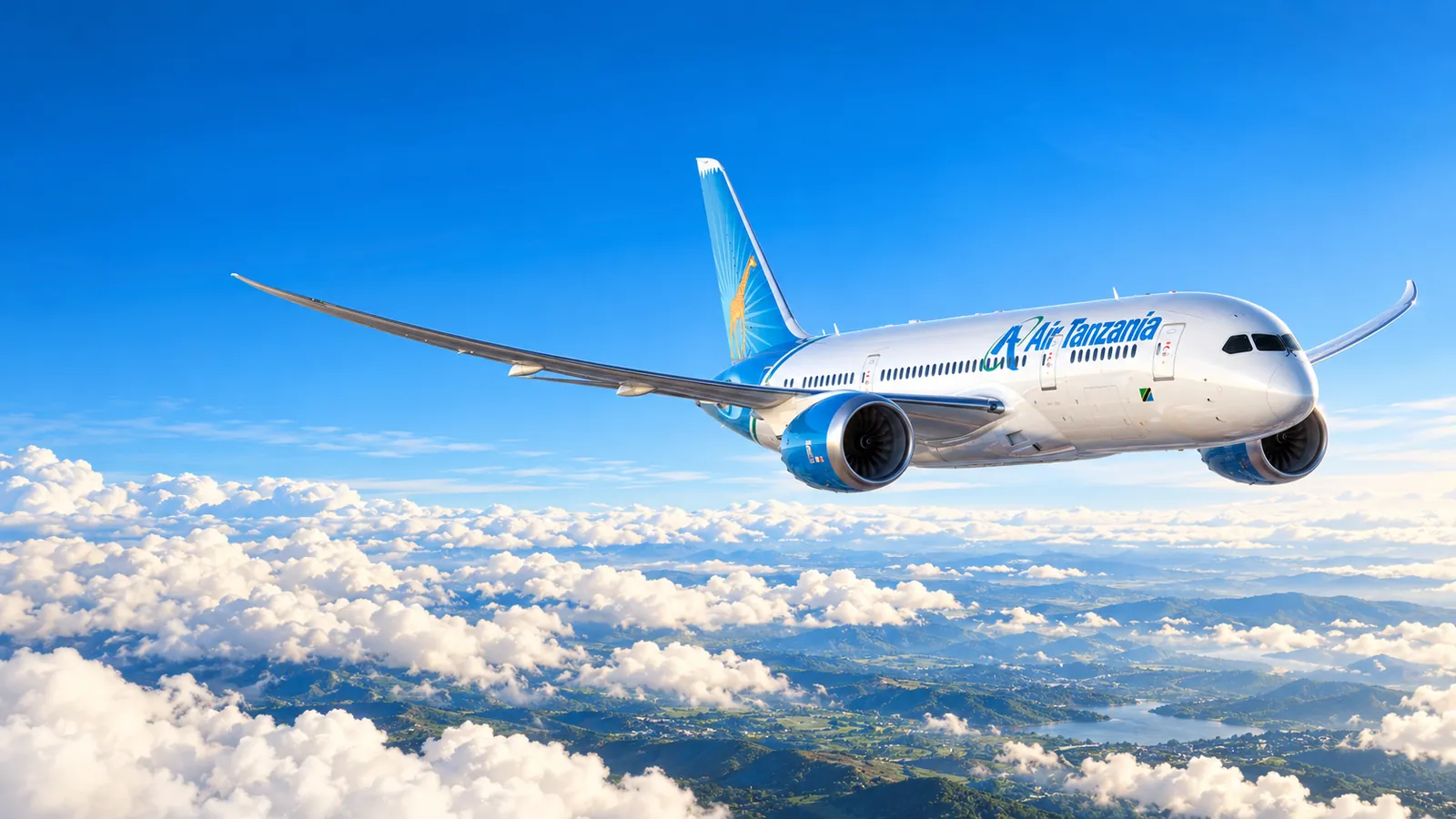 Air Tanzania branded aircraft flying above clouds