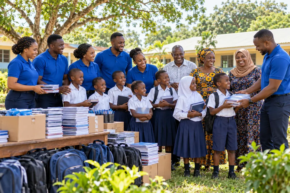 AI illustration of community volunteers in blue with donated school supplies